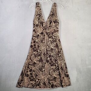 VTG 90s Y2K Dress M Brown Floral Babydoll Midi Tropical Leaf Resort USA Made